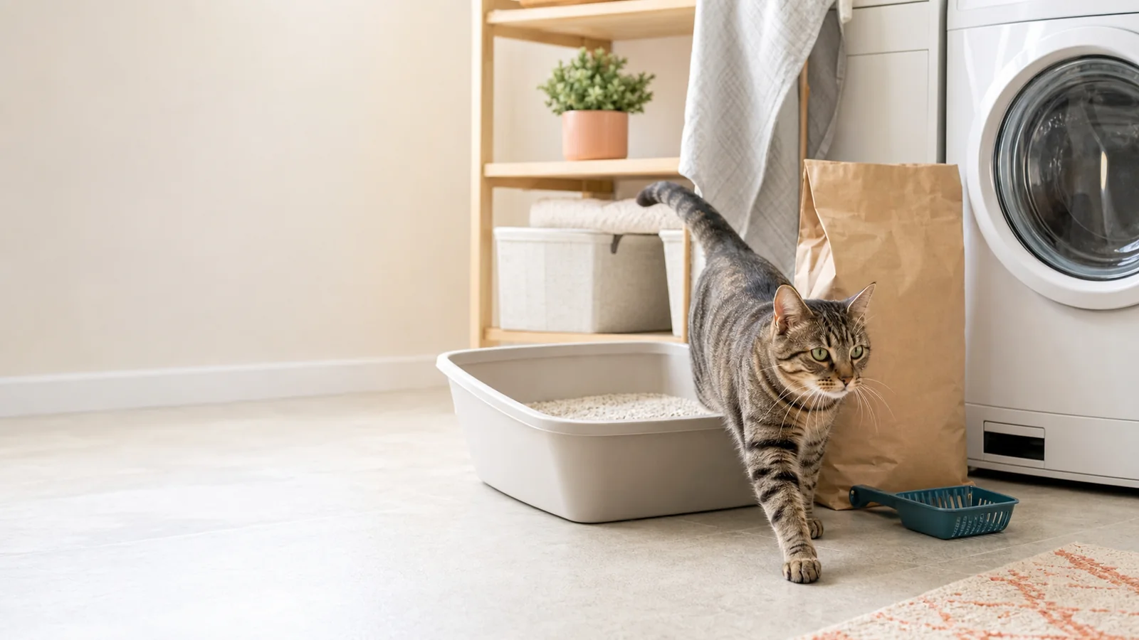 A tidy cat litter setup with a gray cat and several litter textures