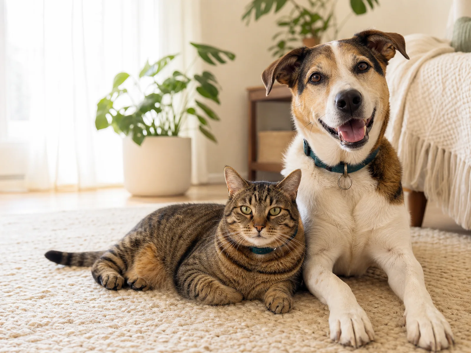 A happy dog and cat relaxing together